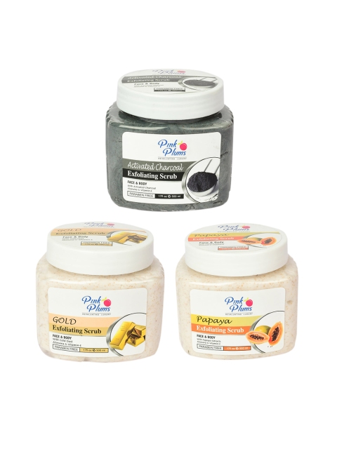 

Pink Plums Activated Charcoal + Gold + Papaya Exfoliating Face & Body Scrub-500ml Each, Black