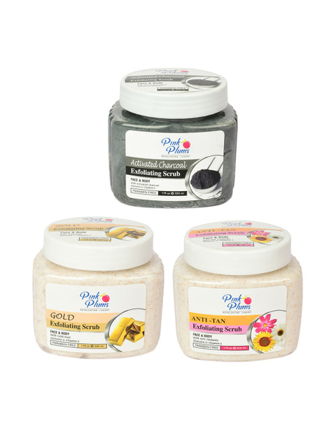 

Pink Plums Set Of 3 Charcoal With Chandan & Anti Tan Facial Exfoliating Scrubs, Multi
