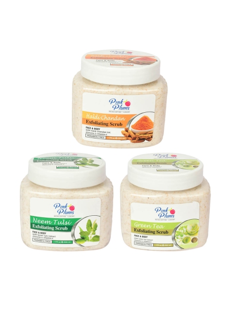 

Pink Plums Set of Haldi Chandan + Neem Tulsi + Green Tea Exfoliating Scrub - 500 ml Each, Off white