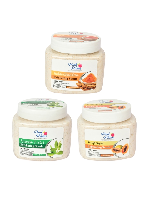 

Pink Plums Set of Haldi Chandan + Neem Tulsi + Papaya Exfoliating Scrub - 500 ml Each, Off white