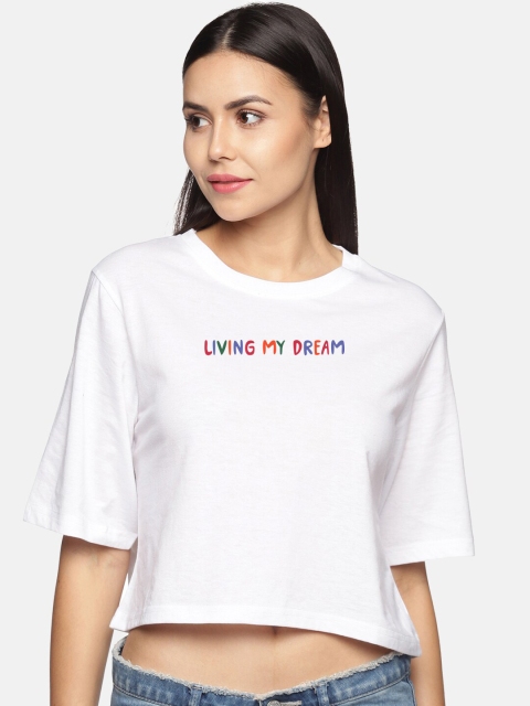 

BEVERLY BLUES Women White & magnolia Typography Drop-Shoulder Sleeves T-shirt