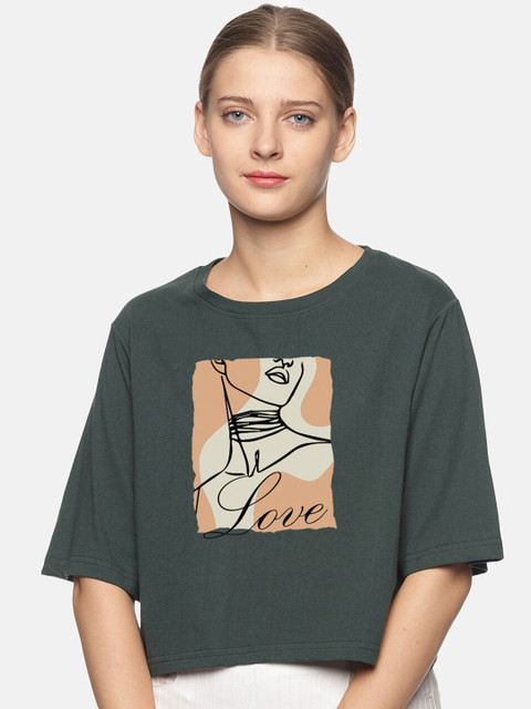 

BEVERLY BLUES Women Olive Green & urban chic Printed T-shirt