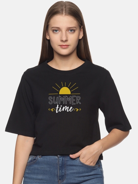 

BEVERLY BLUES Women Black Printed Drop-Shoulder Sleeves T-shirt