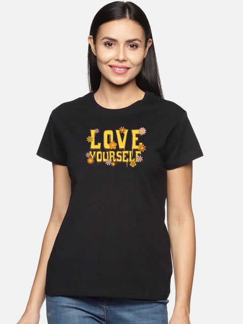 

BEVERLY BLUES Women Black Typography Printed Applique T-shirt