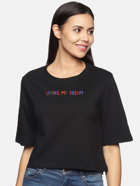 

BEVERLY BLUES Women Black & dark gunmetal Typography Printed Drop-Shoulder Sleeves T-shirt