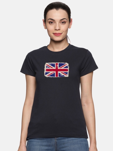 

BEVERLY BLUES Women Navy Blue & brown Typography Printed T-shirt