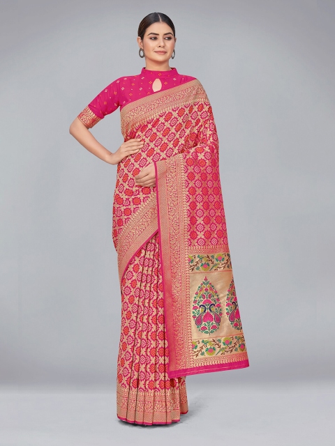 

MONJOLIKA FASHION Pink & Gold-Toned Woven Design Zari Silk Blend Banarasi Saree