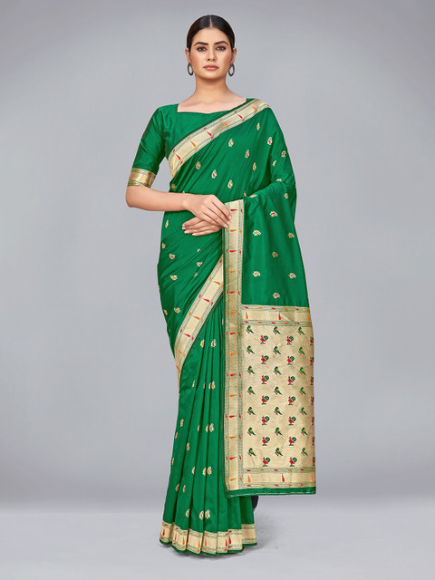 

MONJOLIKA FASHION Green & Gold-Toned Woven Design Zari Silk Blend Banarasi Saree