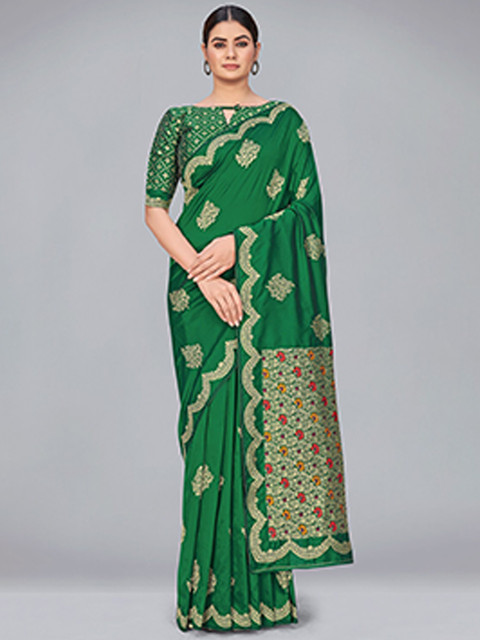 

MONJOLIKA FASHION Green & Gold-Toned Woven Design Zari Silk Blend Banarasi Saree