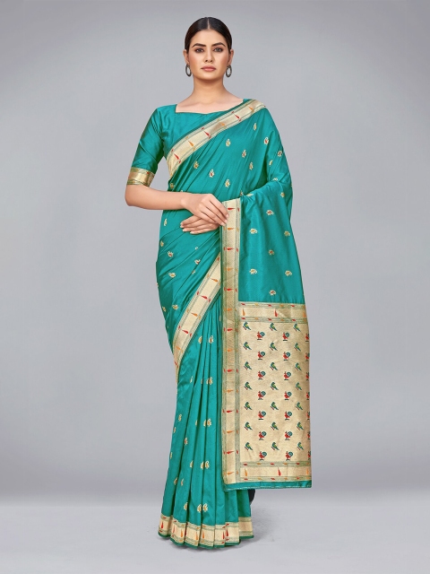 

MONJOLIKA FASHION Teal & Gold-Toned Woven Design Zari Silk Blend Banarasi Saree