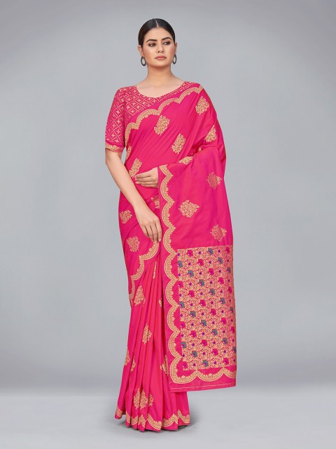 

MONJOLIKA FASHION Magenta & Gold-Toned Woven Design Zari Silk Blend Banarasi Saree