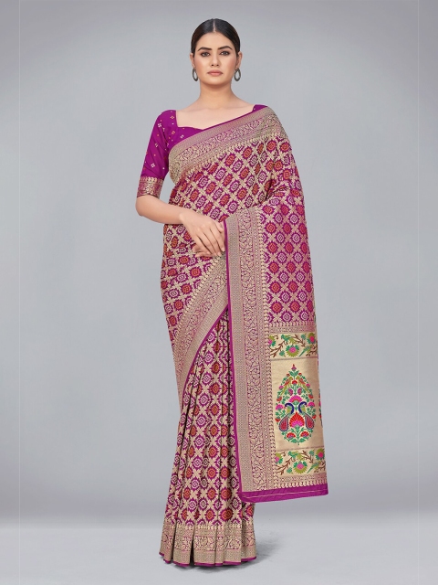 

MONJOLIKA FASHION Purple & Red Woven Design Zari Silk Blend Banarasi Saree