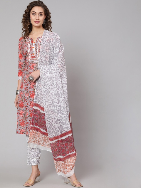 

THE NKS PLUS Women Grey Paisley Printed Pleated Pure Cotton Kurti with Trousers & With Dupatta