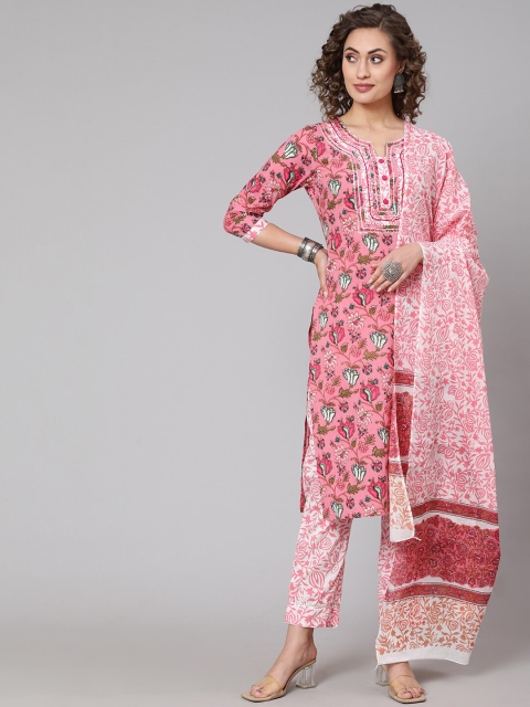 

THE NKS PLUS Women Pink Floral Striped High Slit Pure Cotton Kurti with Trousers & With Dupatta