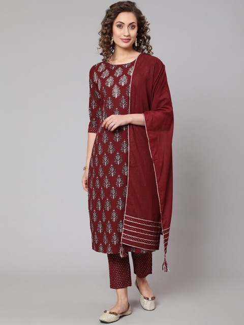 

THE NKS PLUS Women Brown Ethnic Motifs Printed Panelled Pure Cotton Kurti with Trousers & With Dupatta