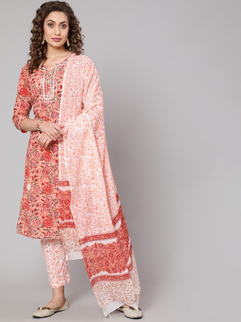 

THE NKS PLUS Women Peach-Coloured Ethnic Motifs Embroidered Panelled Pure Cotton Kurti with Trousers & With