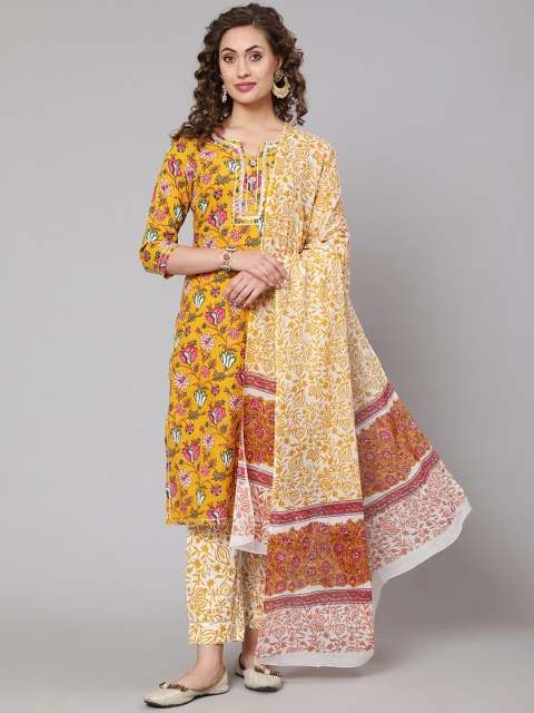

THE NKS PLUS Women Yellow Empire Pure Cotton Kurti with Trousers & With Dupatta