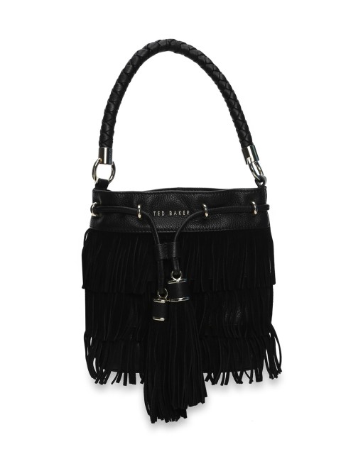 

Ted Baker Black Leather Bucket Shoulder Bag with Fringed