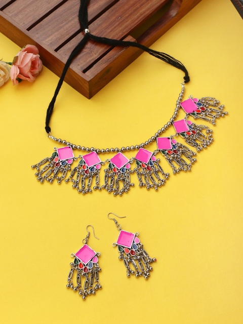 

CARDINAL Silver-Toned Purple Coloured Meenakari Choker Jewellery Set