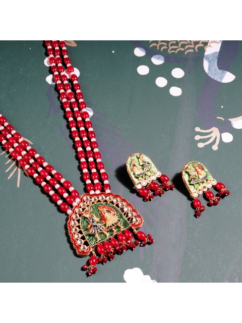 

CARDINAL Gold-Toned Red Beaded Stone-Studded Jewellery Set