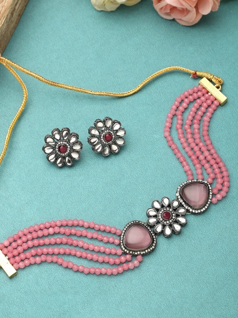 

CARDINAL Gold-Plated & Pink Onyx Layered Choker Beaded Jewellery Set