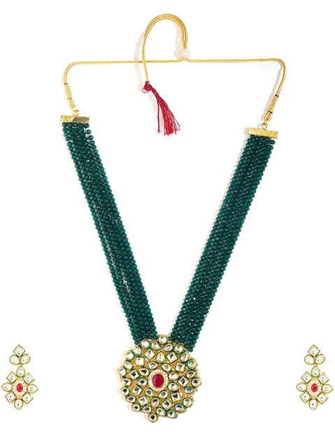 

CARDINAL Gold-Coloured Green & White Stone Studded & Beaded Jewellery Set