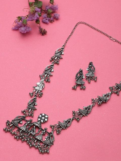 

CARDINAL Silver-Toned Mirror Studded Oxidized Jewellery Set