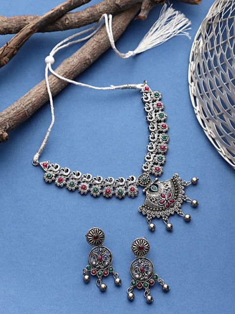 

CARDINAL Oxidized Silver Red & Green Stone-Studded Jewellery Set