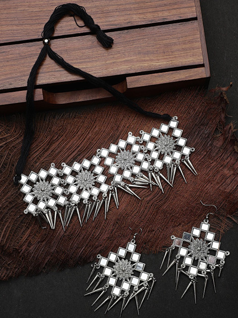 

CARDINAL Oxidised Silver Mirror Studded Choker Necklace Set