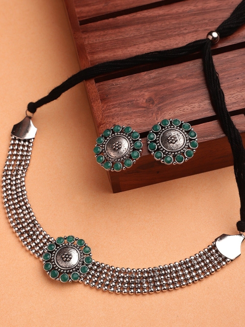 

CARDINAL Silver-Toned Green Stone Studded Oxidized Brass Jewellery Set
