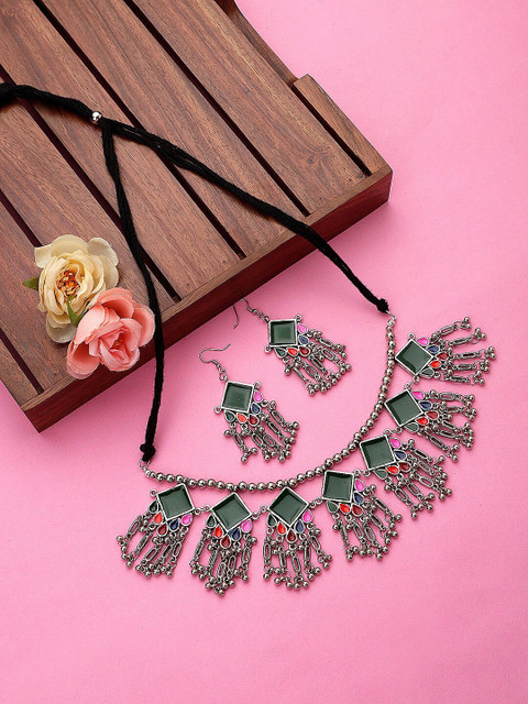 

CARDINAL Silver-Toned Green Meenakari Stone Designed Jewellery Set