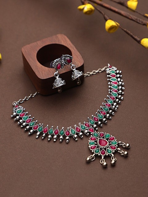 

CARDINAL Silver-Plated Pink & Green Stone Studded Oxidised Jewellery Set