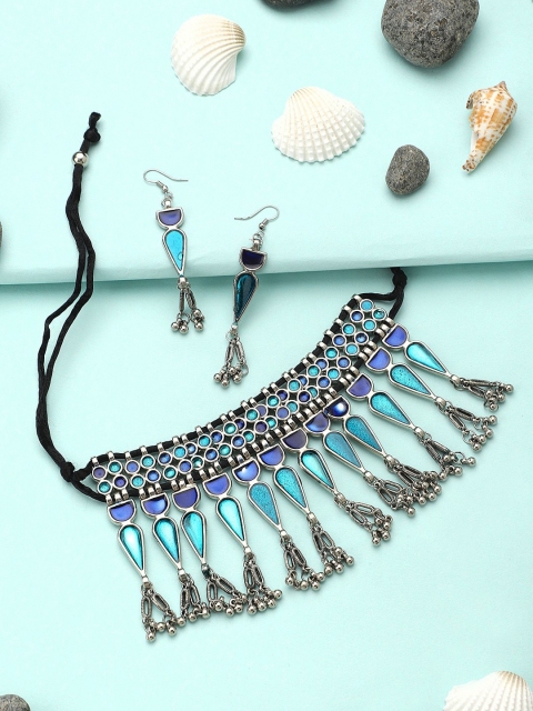 

CARDINAL Silver-Toned Blue Kundan Studded Meenakari Jewellery Set