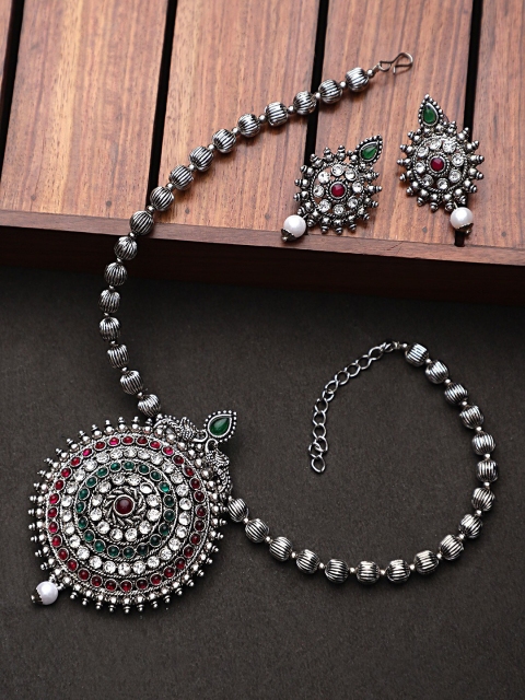 

CARDINAL Red & Green Stone Studded Oxidised Long Jewellery Set