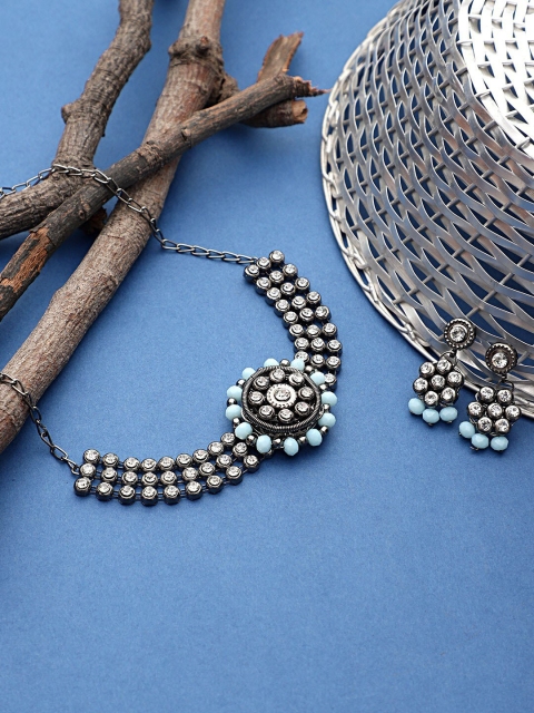 

CARDINAL Silver-Toned & Blue Stone-Studded & Beaded Jewellery Set
