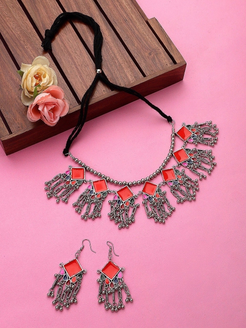 

CARDINAL Oxidised Silver-Toned Red Meenakari Choker Jewellery Set