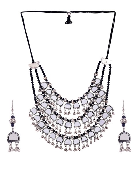 

CARDINAL Silver-Toned Mirror Studded & Black Beads Beaded Jewellery Set