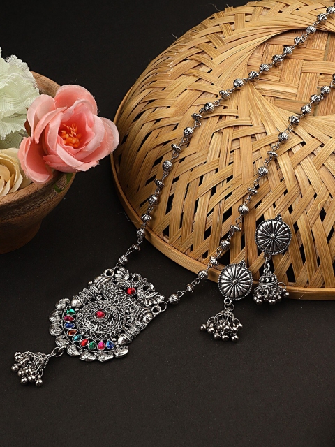 

CARDINAL Silver-Plated Oxidised Red & Pink Stone Studded Long Necklace Set