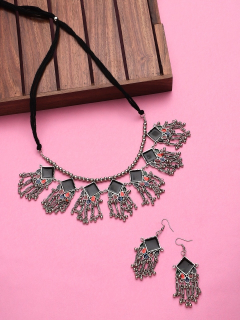 

CARDINAL Oxidised Black Stones-Studded & Beaded Meenakari Jewellery Set