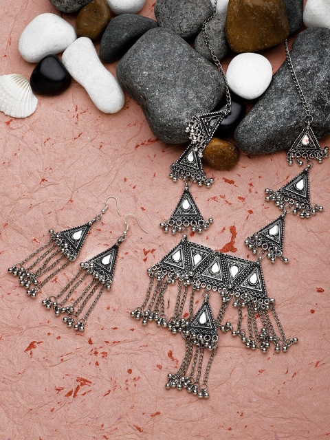 

CARDINAL Silver-Toned Mirror Studded Oxidized Jewellery Set