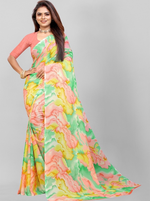 

APNISHA Yellow & Green Tie and Dye Pure Georgette Saree