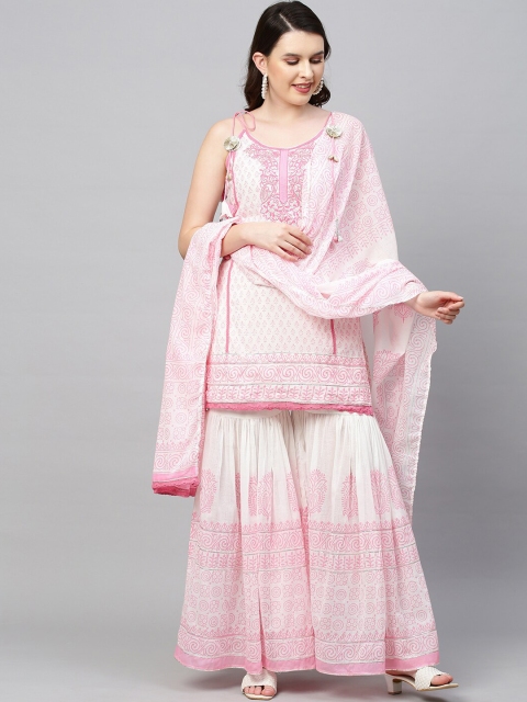 

FASHOR Women Off White Floral Embroidered Panelled Kurti with Skirt & With Dupatta