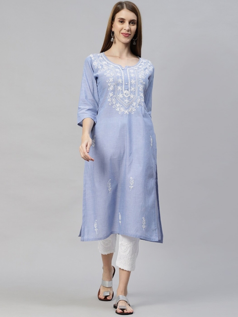 

FASHOR Women Blue Striped Layered Beads and Stones Pure Cotton Kurta with Trousers