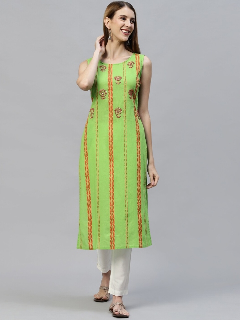 

FASHOR Women Green & jade lime Floral Printed Thread Work Kurta