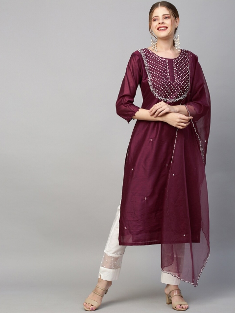 

FASHOR Women Purple Yoke Design Cold-Shoulder Sleeves Kurta