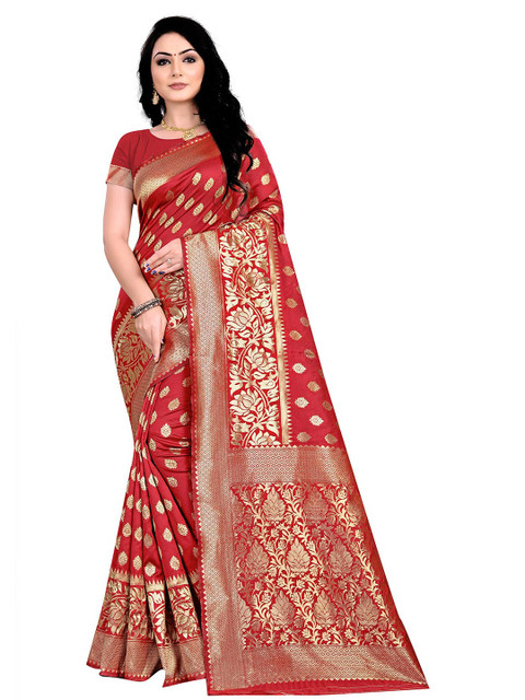

Anjaneya Sarees Red & Silver-Toned Woven Design Silk Blend Ready to Wear Banarasi Saree