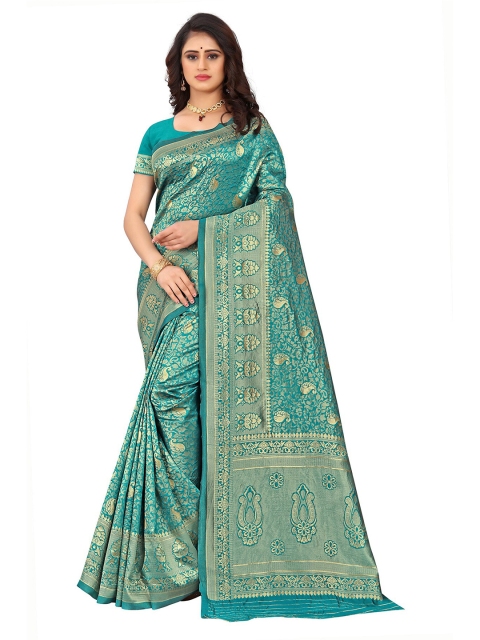 

Anjaneya Sarees Green & Gold-Toned Woven Design Zari Silk Blend Ready to Wear Banarasi Saree