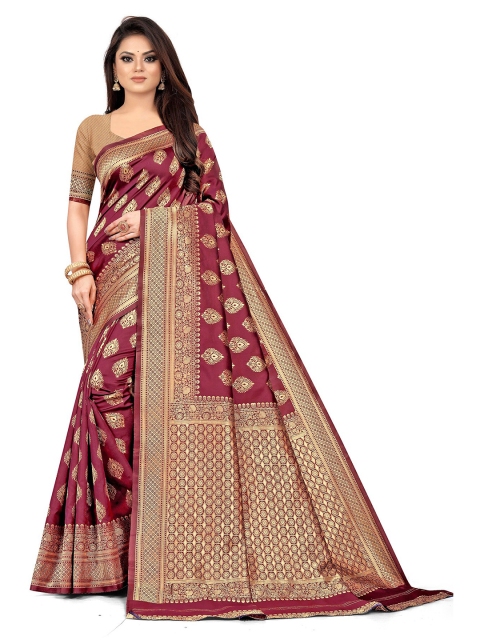 

Anjaneya Sarees Red & Gold-Toned Woven Design Zari Silk Blend Ready to Wear Banarasi Saree