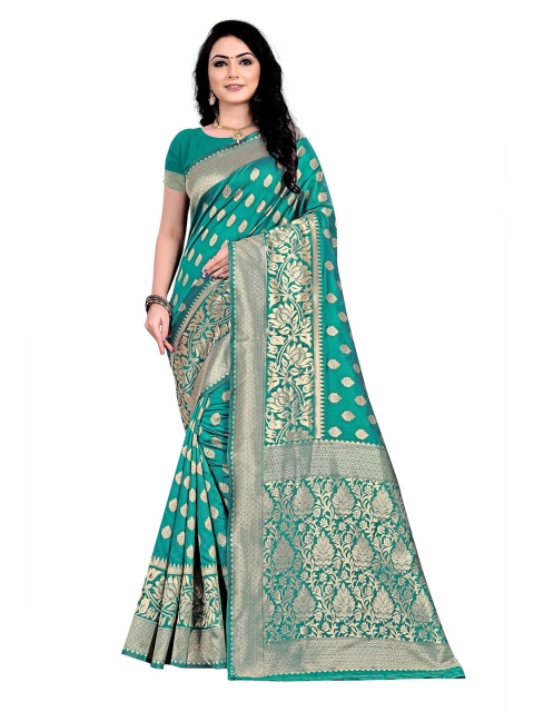 

Anjaneya Sarees Green & Gold-Toned Woven Design Zari Silk Blend Ready to Wear Banarasi Saree
