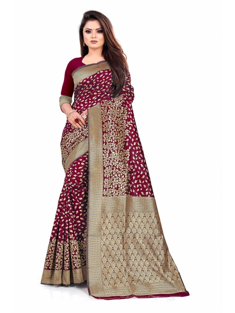

Anjaneya Sarees Maroon & Gold-Toned Woven Design Zari Silk Blend Ready to Wear Banarasi Saree